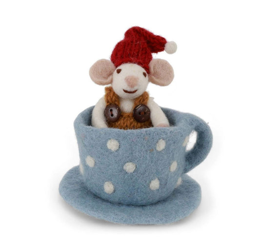 Filzfigur Maus in blauer Kaffeetasse