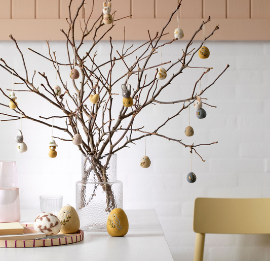 Osteranhänger Eier mit Vögeln – 3er‑Set im Baumwollbeutel