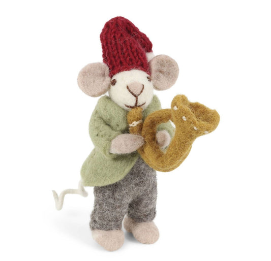 Filzfigur Maus grau klein mit Trompete