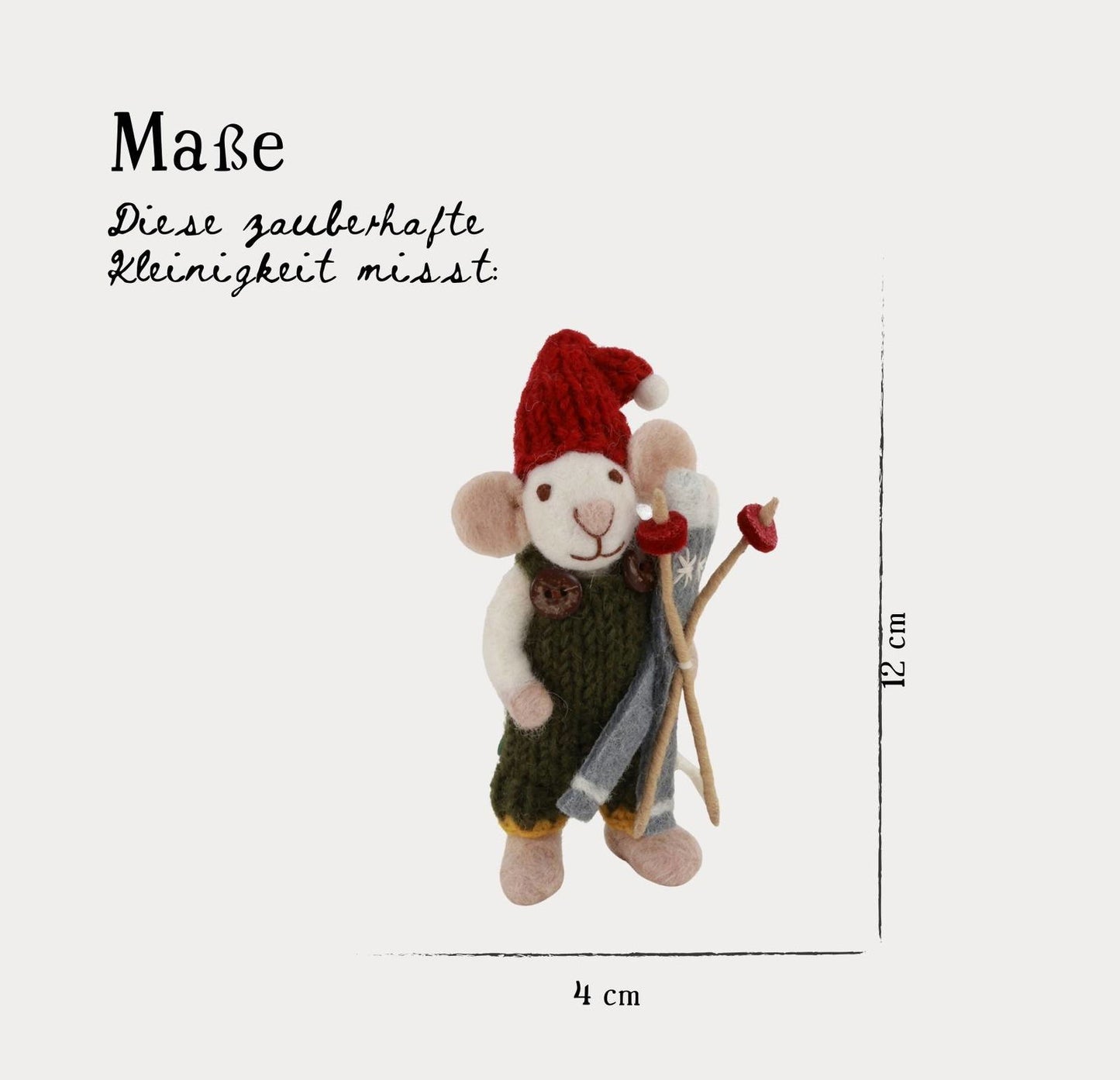 Filzfigur Maus weiß klein Junge mit grüner Hose & Ski