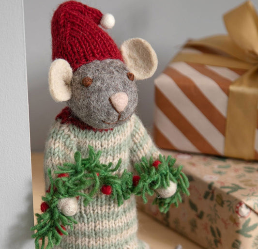 Filzfigur Maus grau klein mit Girlande