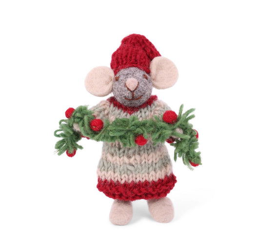 Filzfigur Maus grau klein mit Girlande