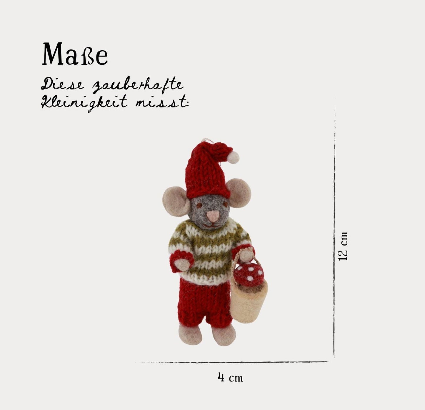 Filzfigur Baby Maus grau klein mit Pilz im Eimer