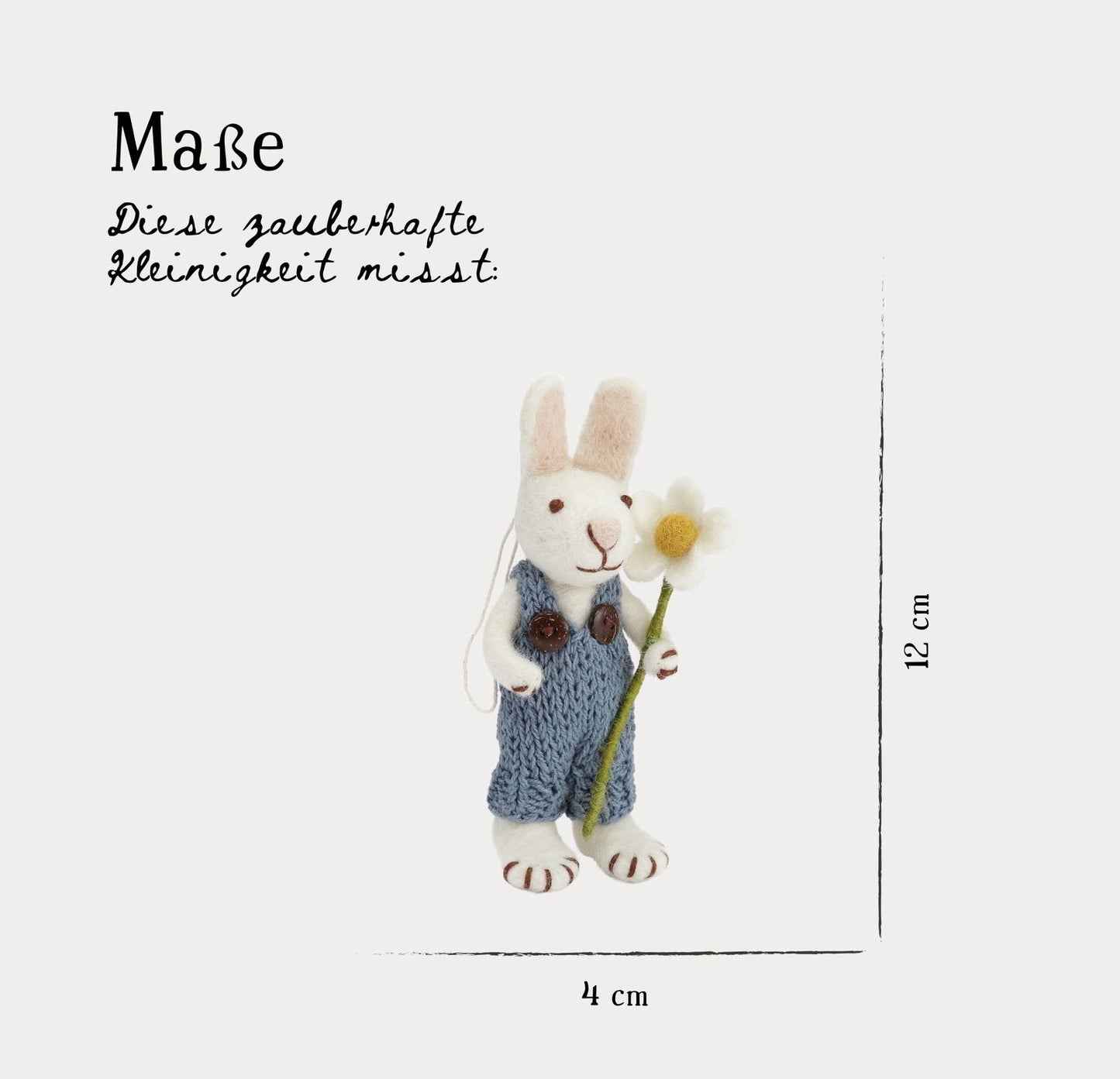 Filzfiguren Weißer Hase mit blauer Hose und Margerite