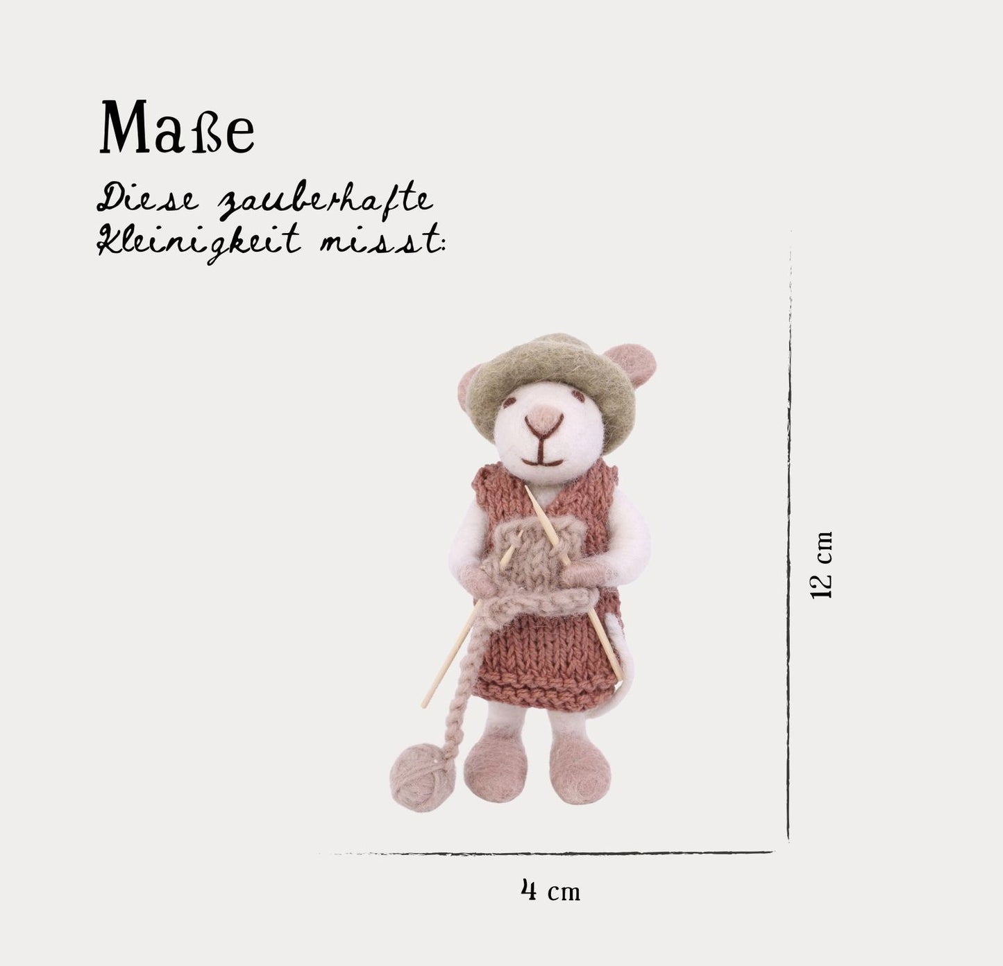 Filzfiguren Weiße Maus mit Mütze und Strickzeug