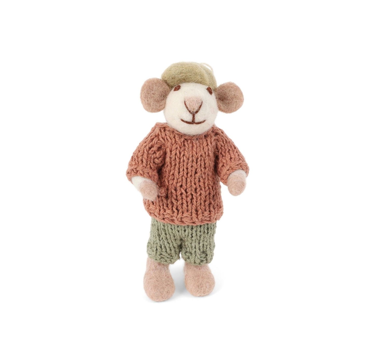 Filzfiguren Weiße Maus mit Mütze und grüner Hose