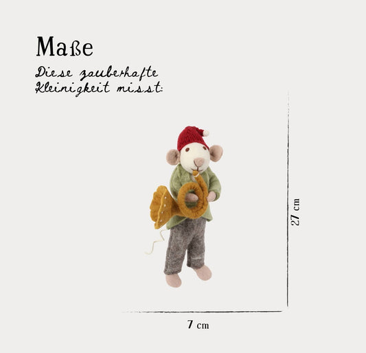 Weihnachtsfigur Maus grau groß mit Trompete