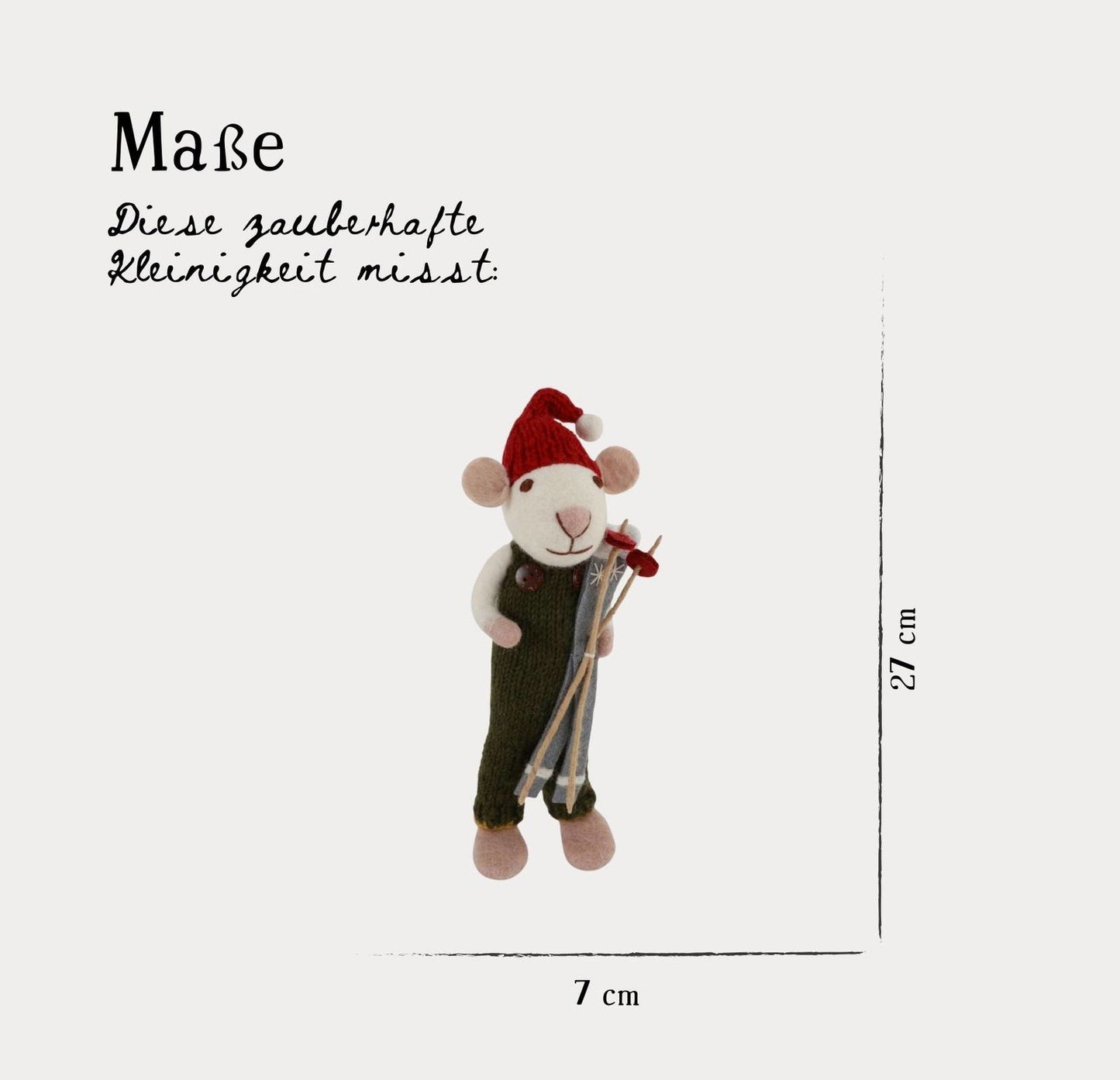 Filzfigur Maus weiß groß mit grüner Hose & Ski