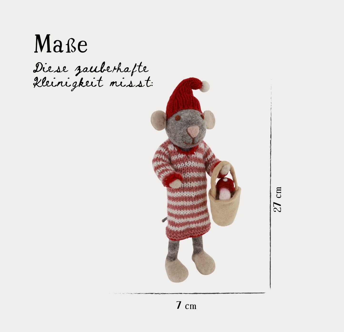 Filzfigur Maus grau groß mit Pilz im Eimer