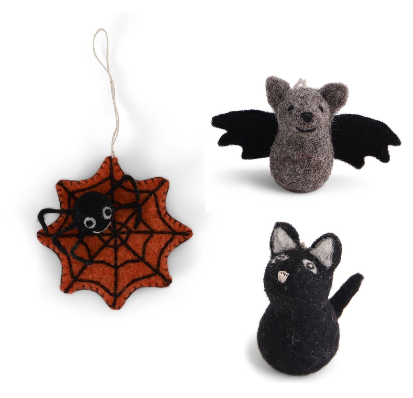 Filzanhänger Spinnennetz mit Spinne, Fledermaus & Schwarze Katze