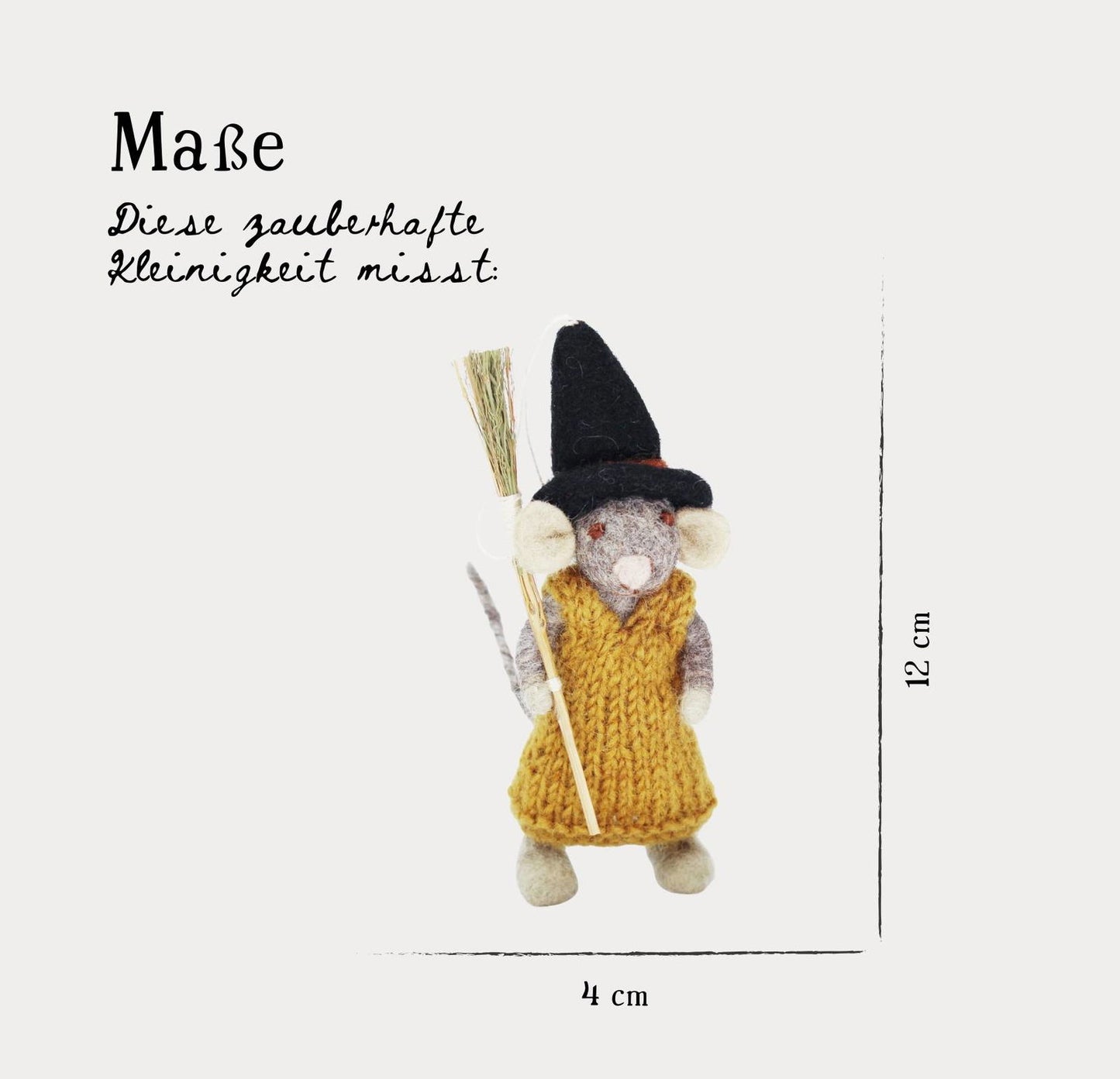 Filzfigur Baby Maus grau klein mit Besen und Kleid & Baby Maus mit Kürbis und Hose 2er Set