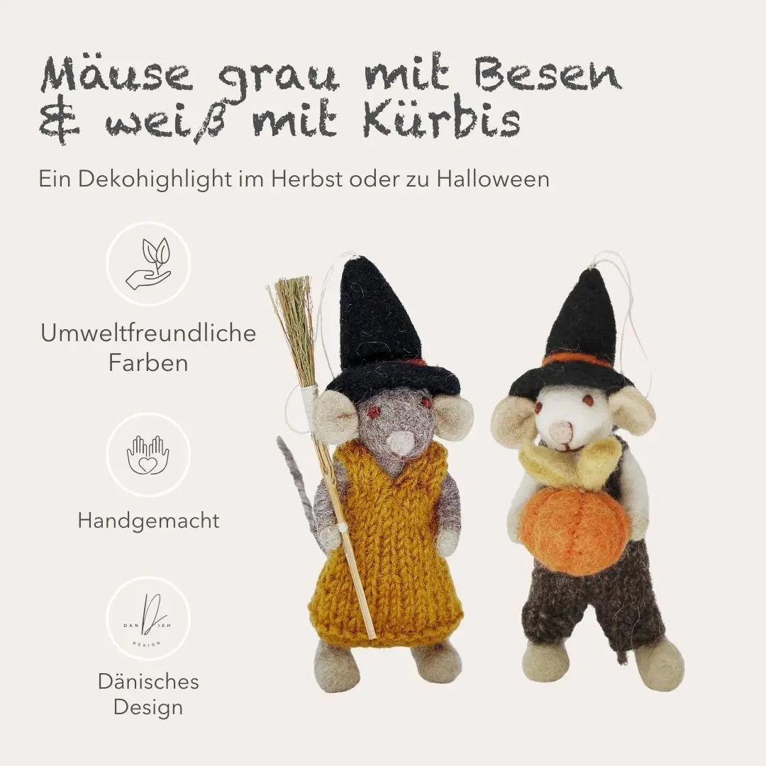 Filzlig Mäuse weiß+grau mit Kürbis und Besen Gry & Sif USPs