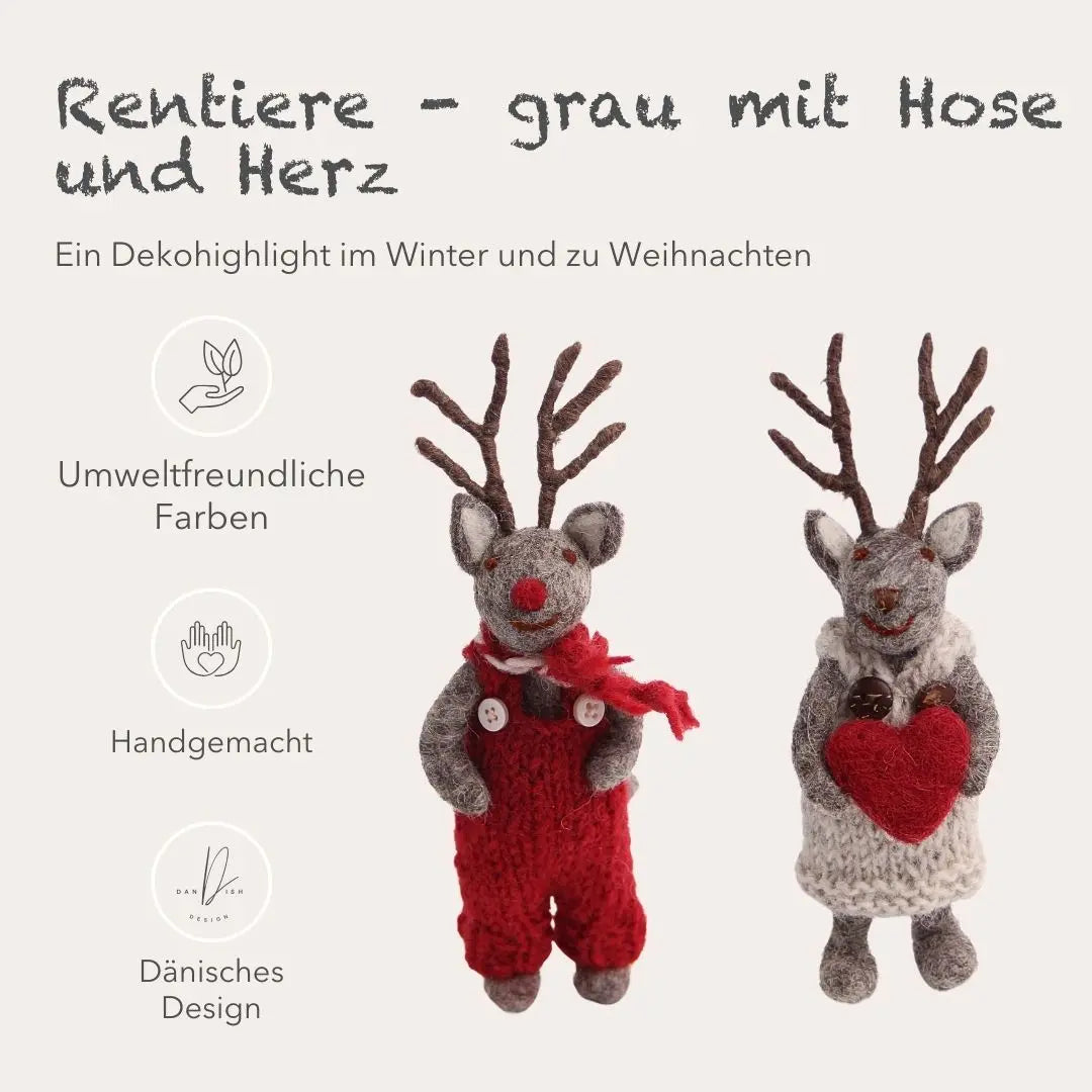 Filzlig Rentiere grau mit Herz und roter Hose Gry & Sif