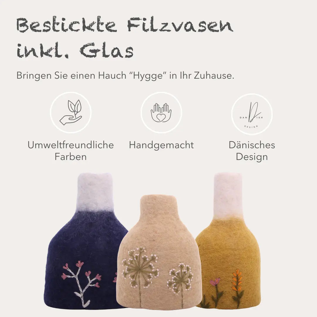 Filzlig Vasenhülle gelb, weiß bestickt inkl. Glas Gry & Sif