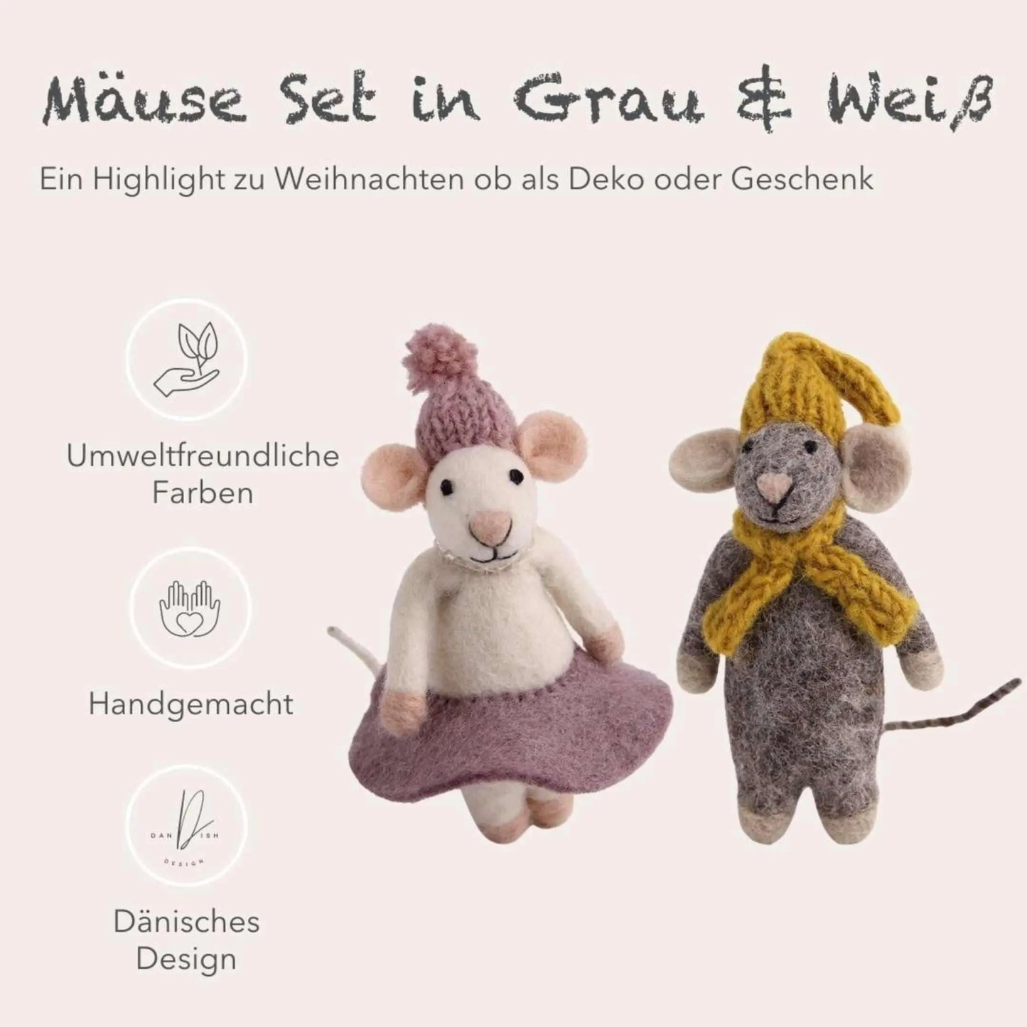 Filzlig Weihnachtsfiguren Mäuse mit Rock & Schal Gry & Sif
