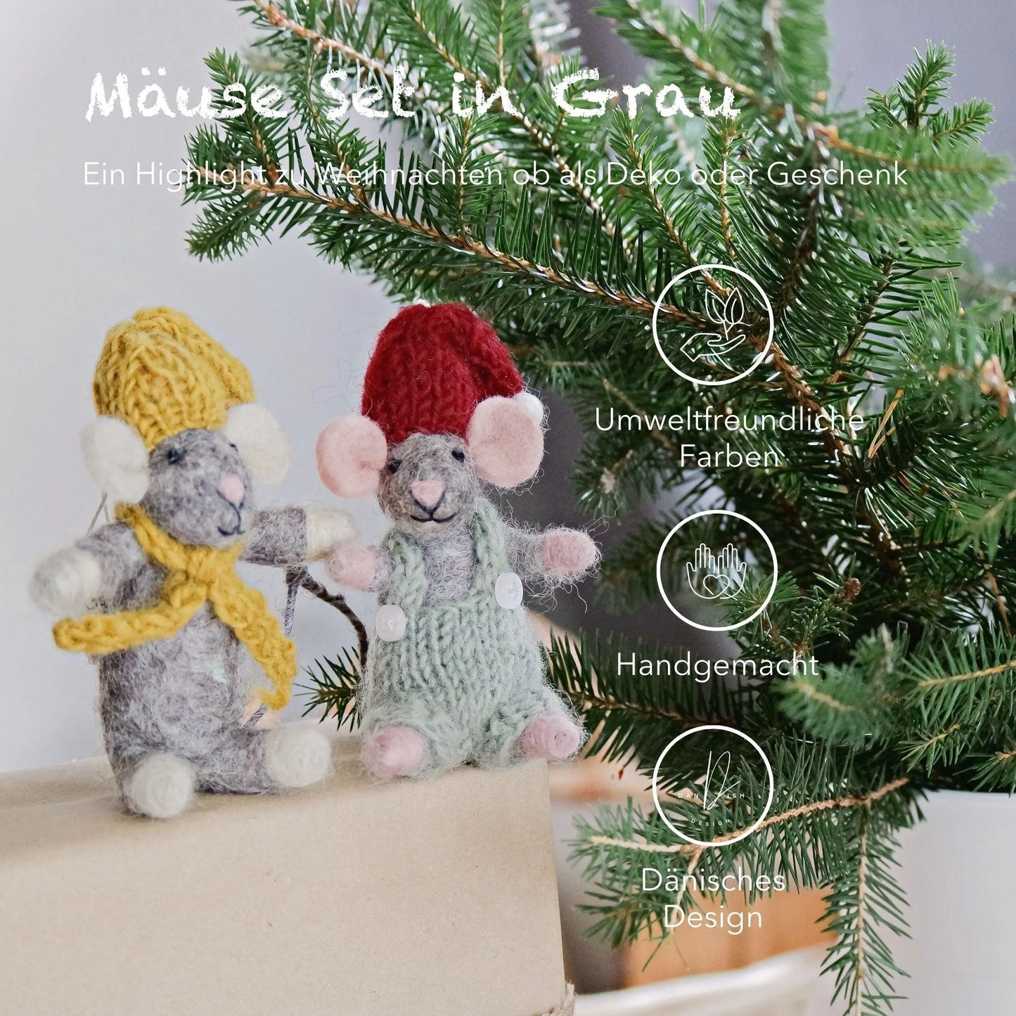 Filzlig Weihnachtsfiguren graue Mäuse mit Hose & Schal Gry & Sif