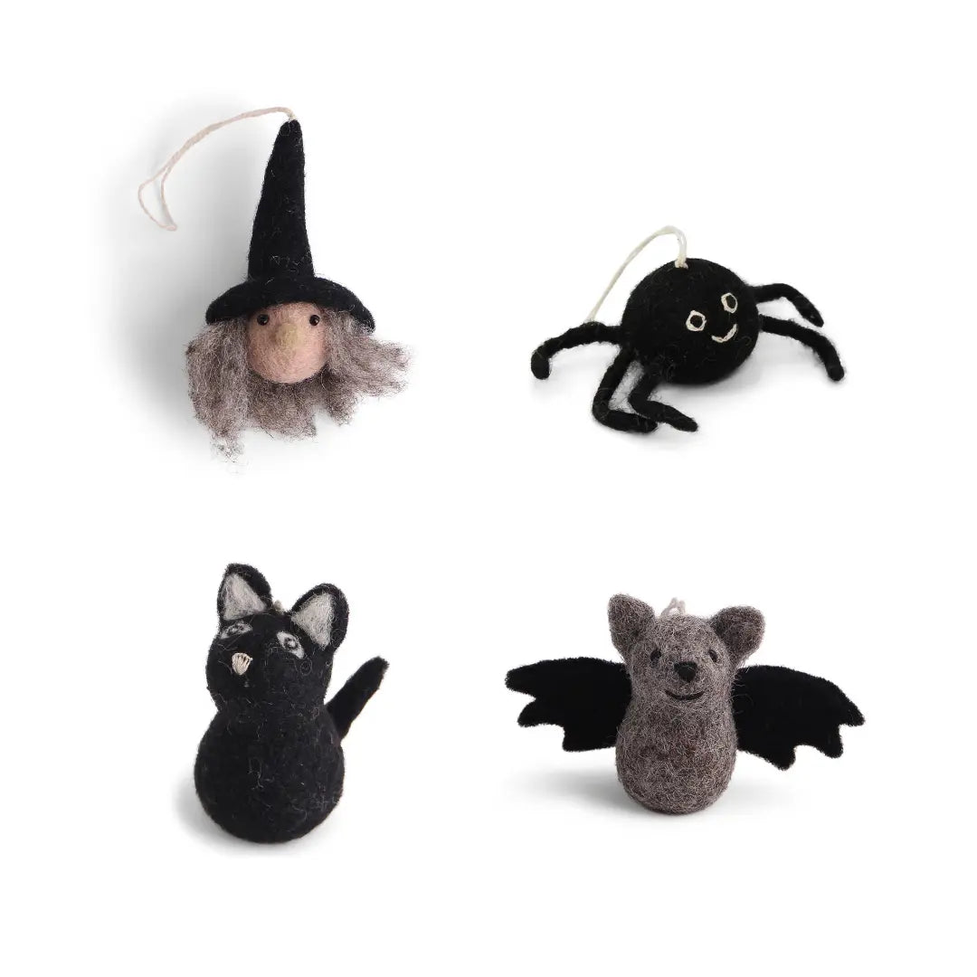 Halloween Deko Set - Hexe, Katze, Fledermaus & Spinne