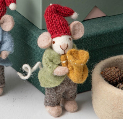 Filzfigur Maus grau klein mit Trompete