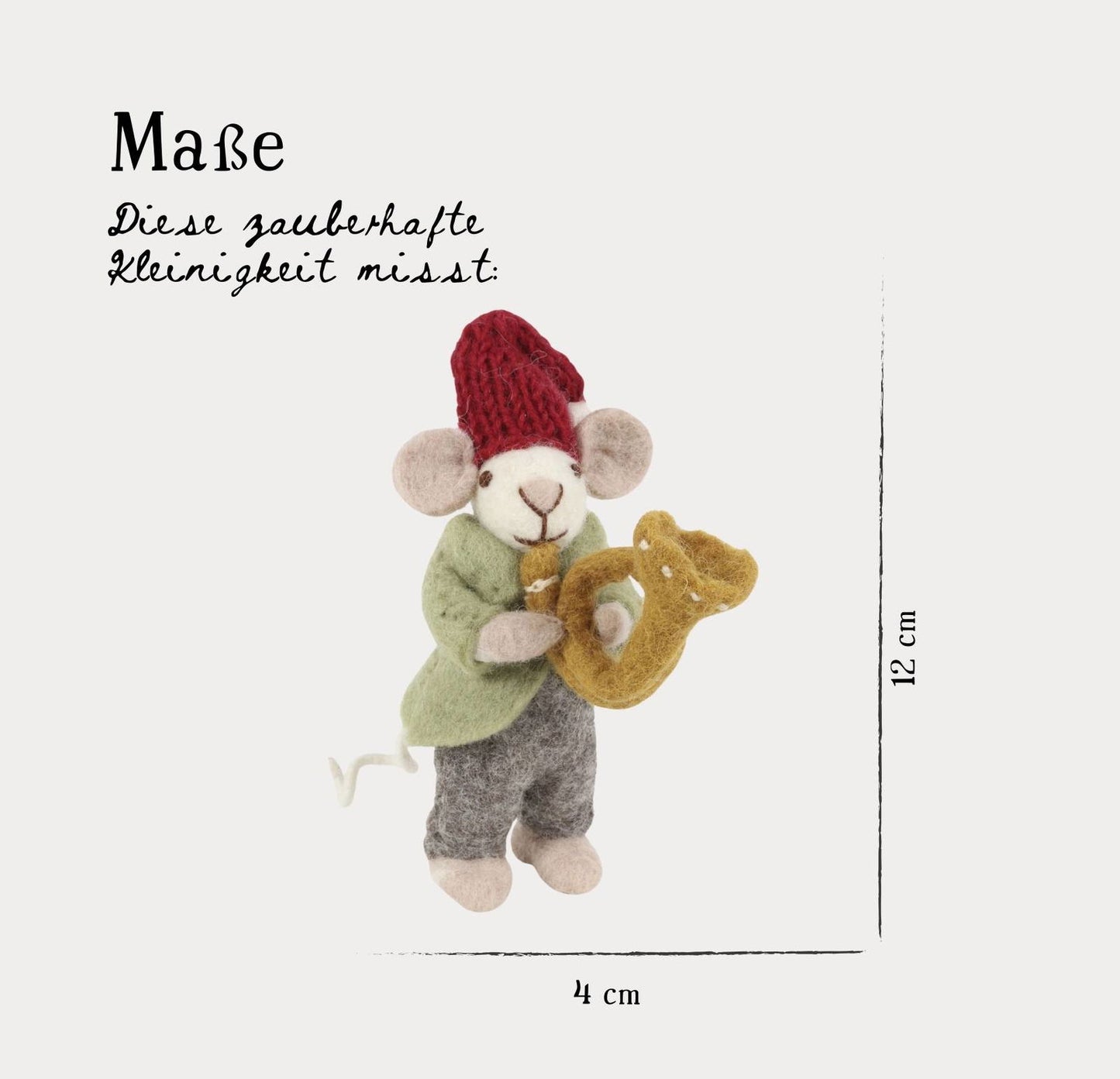 Filzfigur Maus grau klein mit Trompete