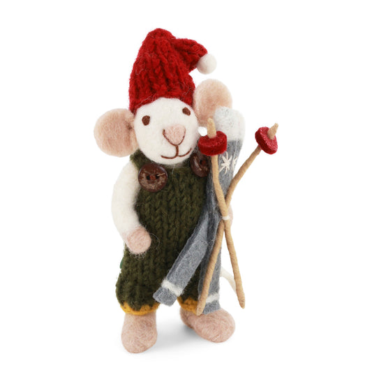 Small White Christmas Boy Mouse Figure with Trousers & Skis