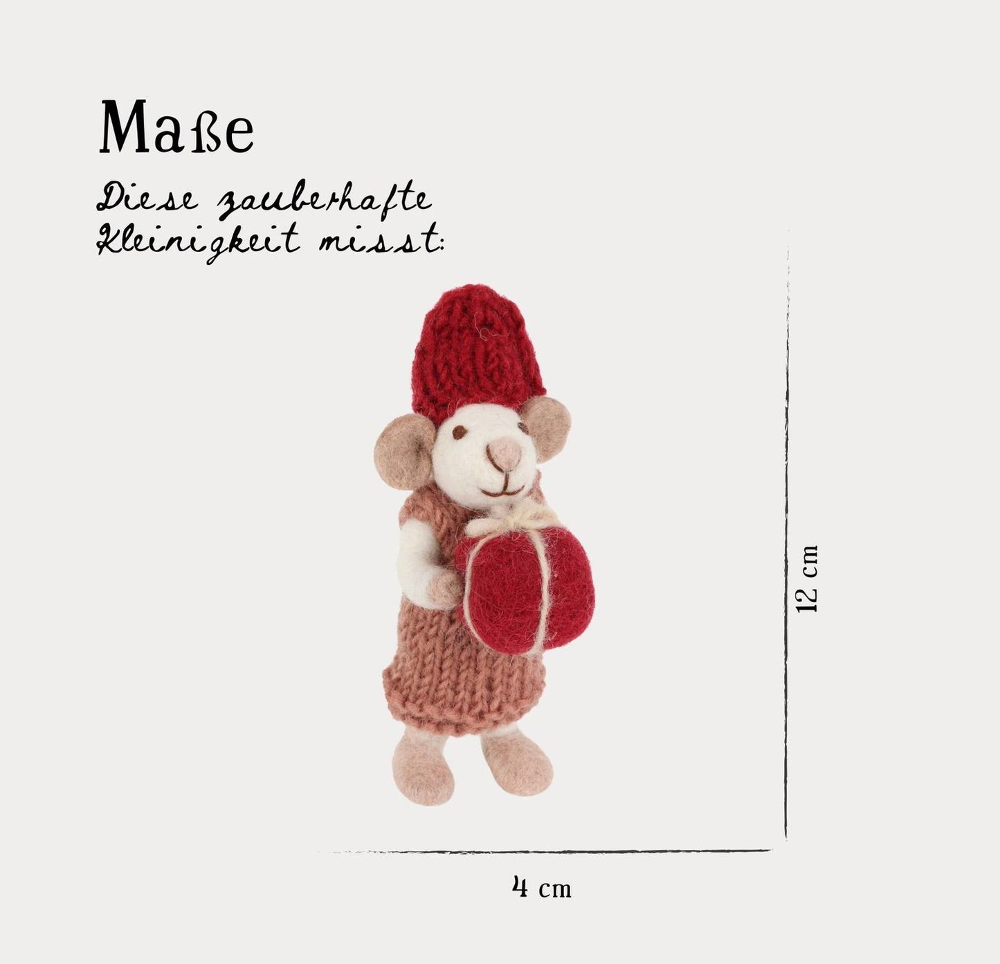 Filzfigur Maus weiß klein mit altrotem Kleid & Geschenk