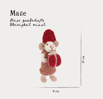 Filzfigur Maus weiß klein mit altrotem Kleid & Geschenk