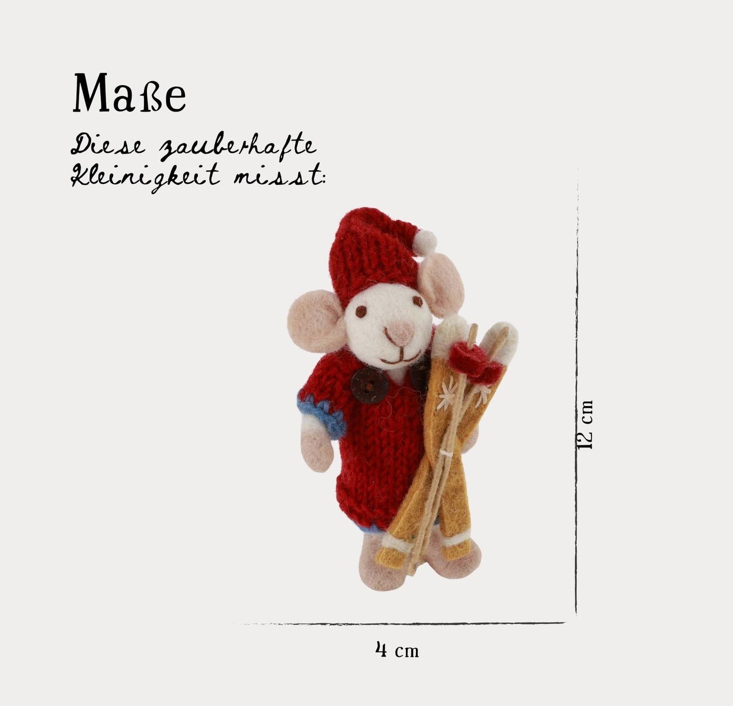 Filzfigur Maus weiß klein mit rotem Kleid & Ski