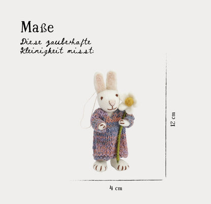 Filzfiguren Weißer Hase mit buntem Kleid & Margerite