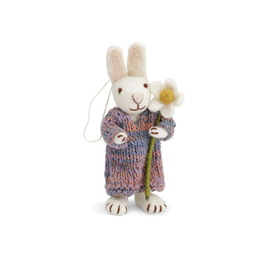 Weißer Hase mit buntem Kleid & Margerite