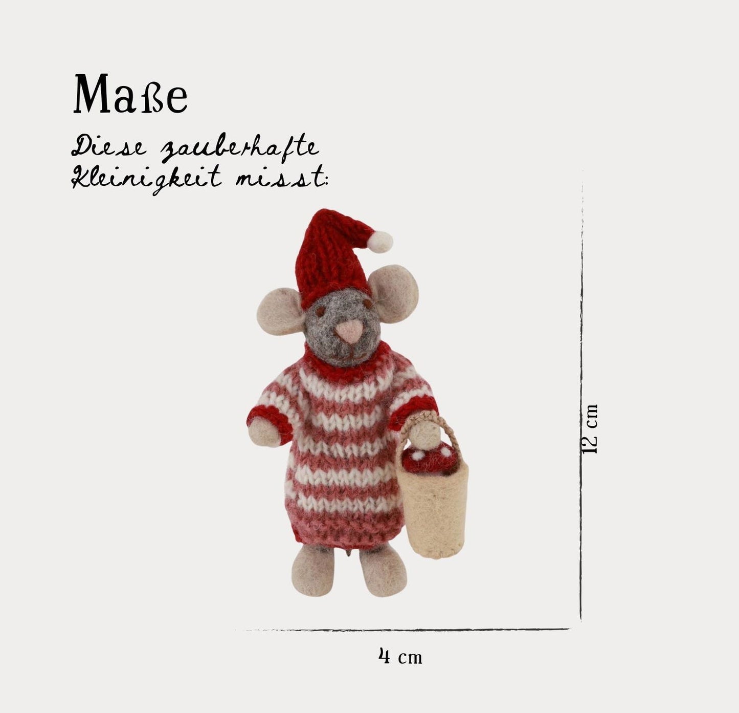 Filzfigur Baby Maus grau klein im Kleid mit Pilz im Eimer