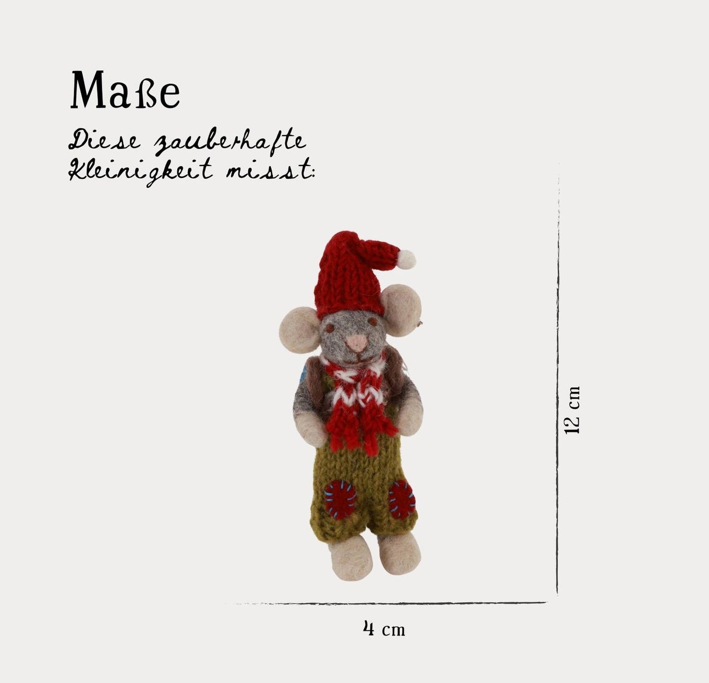Filzfigur grau Baby Maus mit grüner Hose & Rucksack