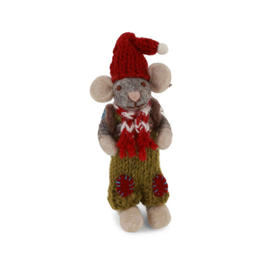 Filzfigur grau Baby Maus mit grüner Hose & Rucksack