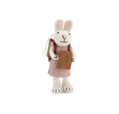 Filzfiguren Weißer Hase mit Lavendelkleid und Buch