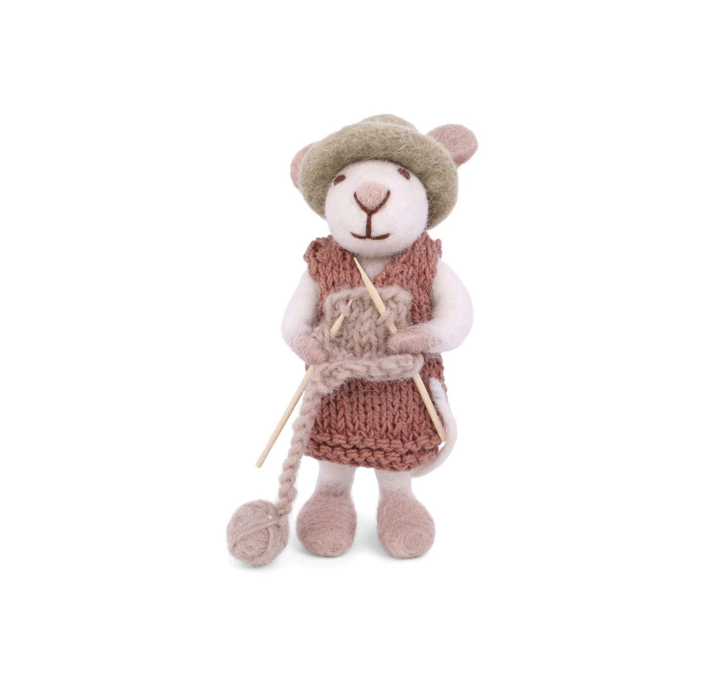 Filzfiguren Weiße Maus mit Mütze und Strickzeug