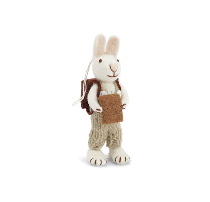 Filzfiguren Weißer Hase mit grüner Hose und Buch