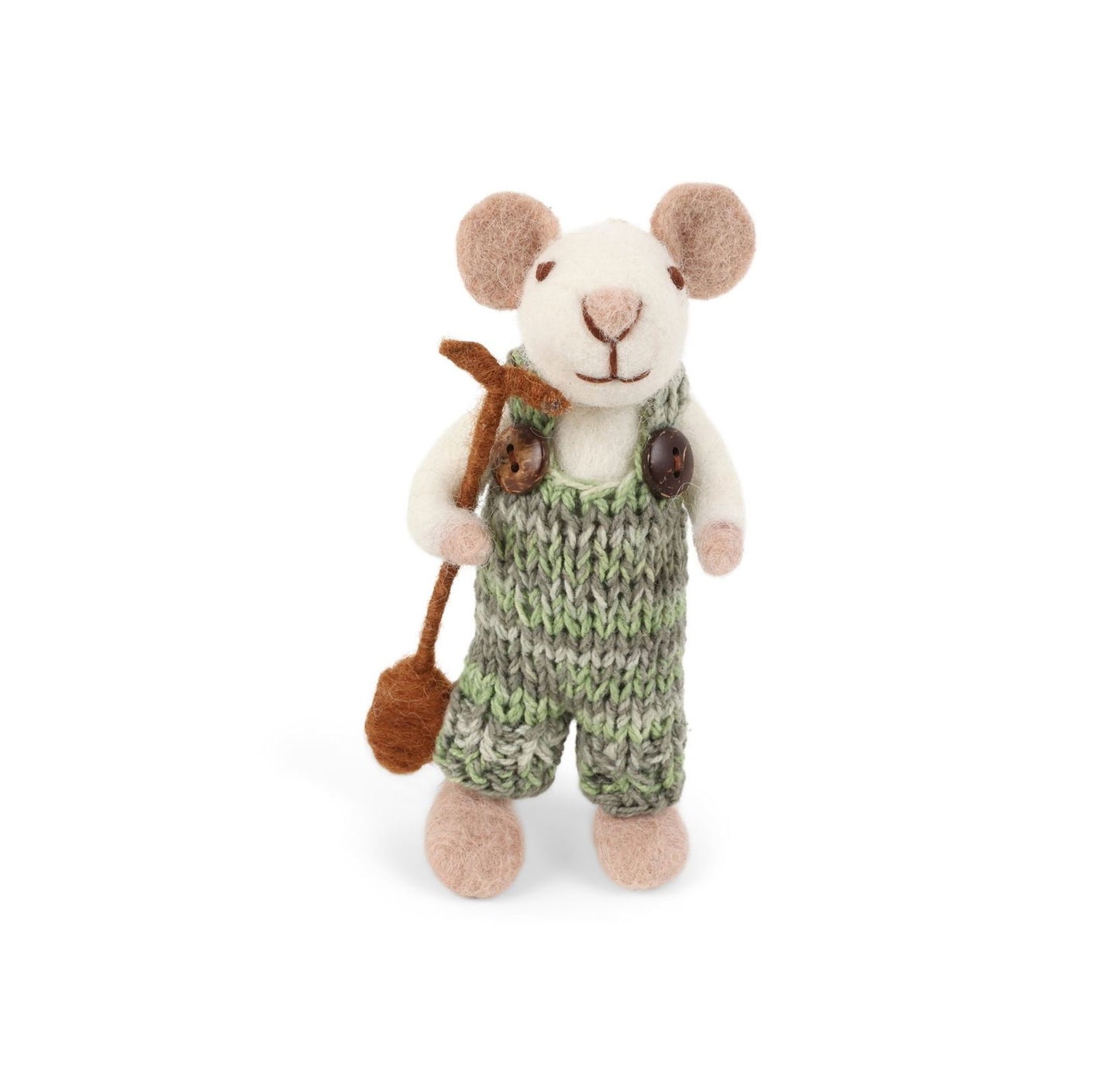Weiße Maus mit grüner Kleidung und Spaten