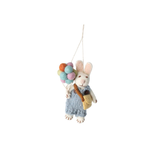 Filzfiguren Weißer Hase mit Ballons - Blau