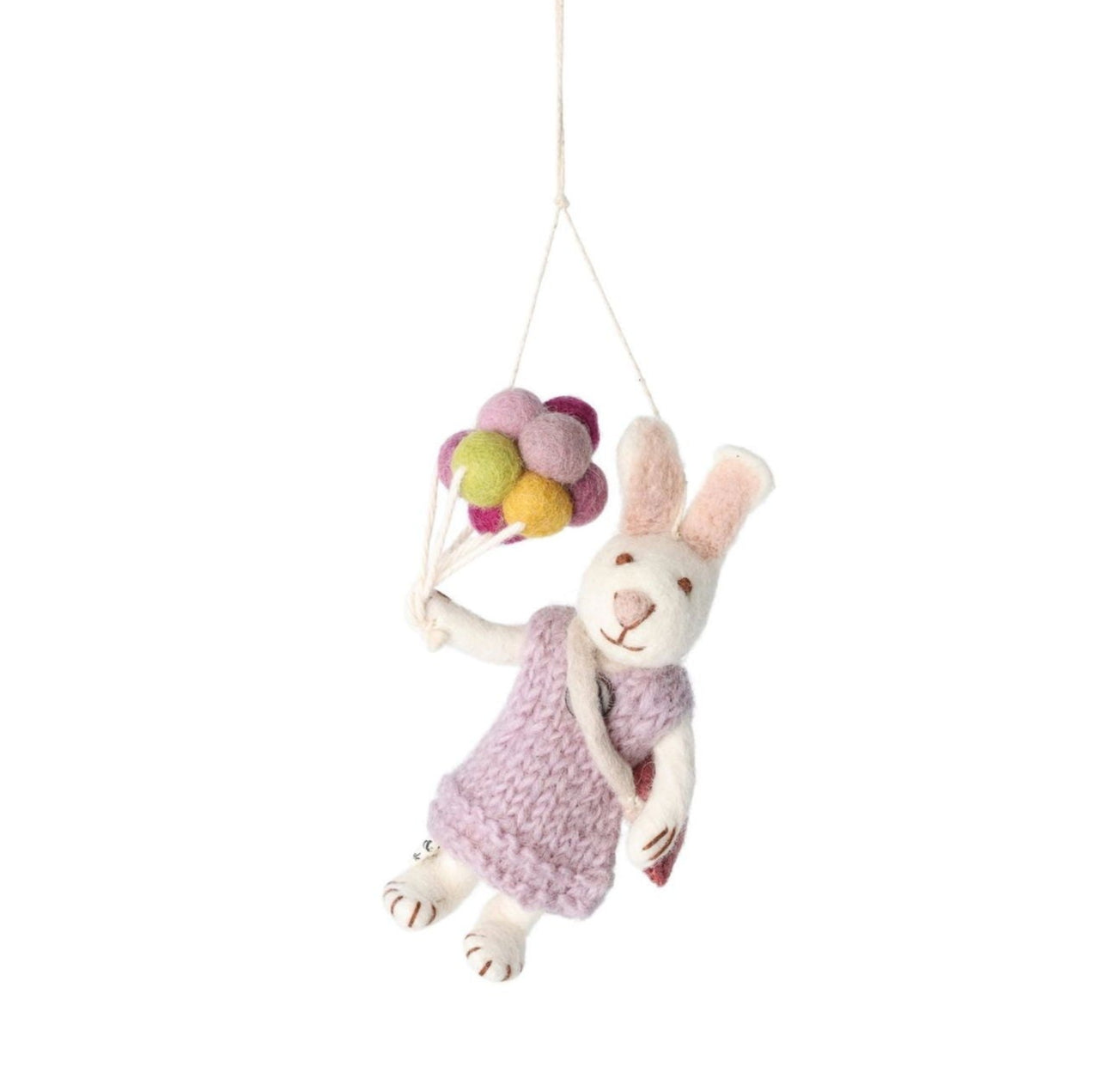 Weißes Hasenmädchen mit Lavendelkleid und Ballons
