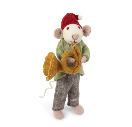 Filzfigur Maus grau groß mit Trompete