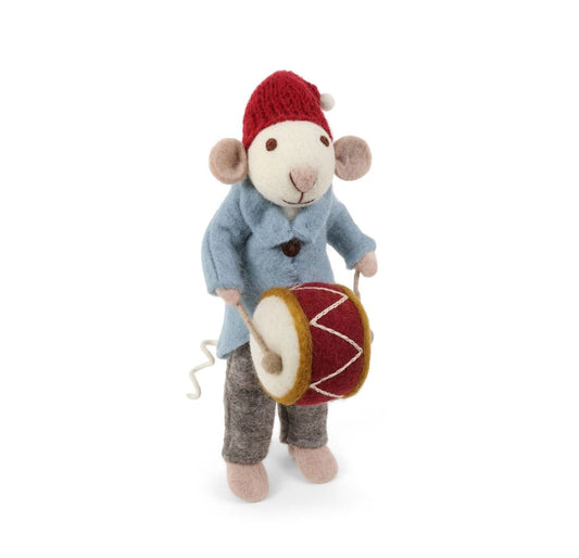 Filzfigur Maus grau groß mit Trommel