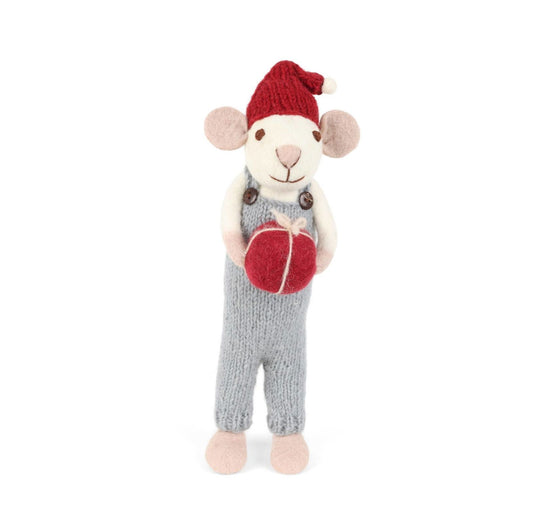 Filzfigur Maus weiß groß mit mit hellblauer Hose & Geschenk