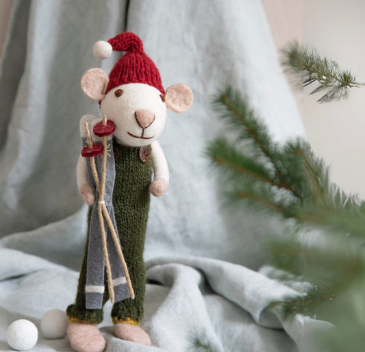 Filzfigur Maus weiß groß mit grüner Hose & Ski