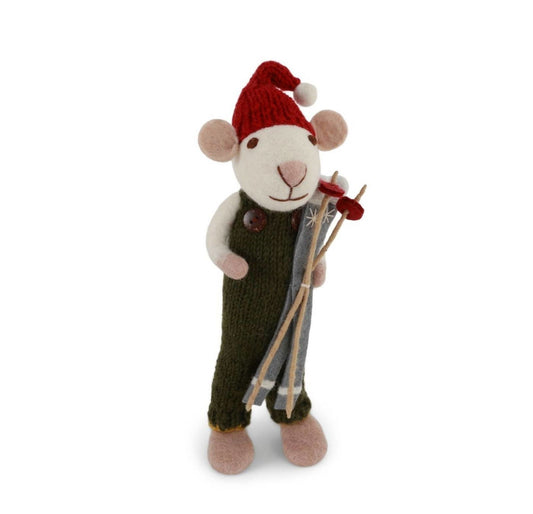 Filzfigur Maus weiß groß mit grüner Hose & Ski