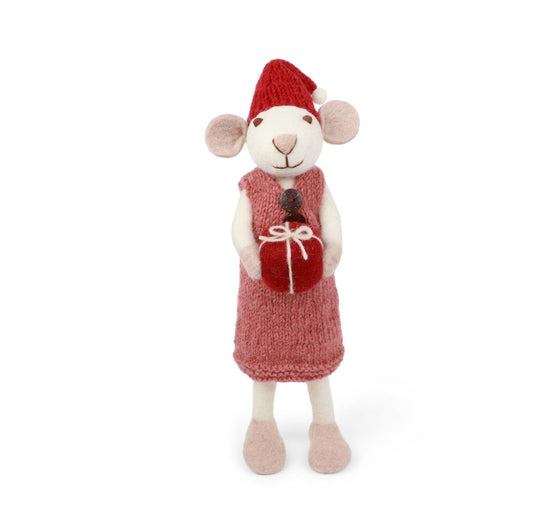 Filzfigur Maus weiß groß mit mit altrotem Kleid & Geschenk