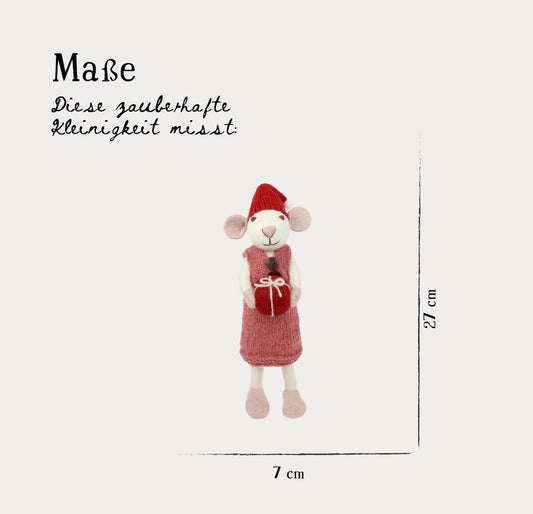 Filzfigur Maus weiß groß mit mit altrotem Kleid & Geschenk