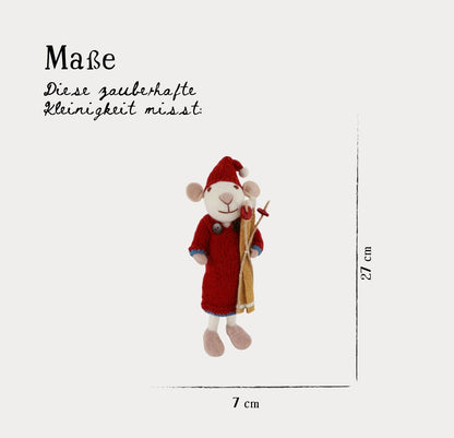 Filzfigur Maus weiß groß mit rotem Kleid & Ski
