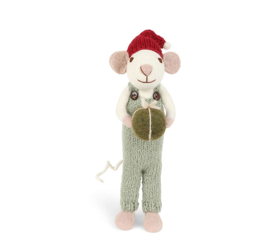 Filzfigur Maus weiß groß mit hellgrüner Hose & Geschenk