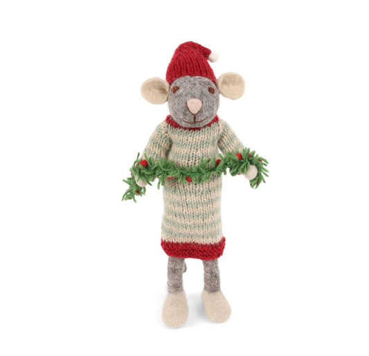 Weihnachtsfigur Maus grau mit Girlande