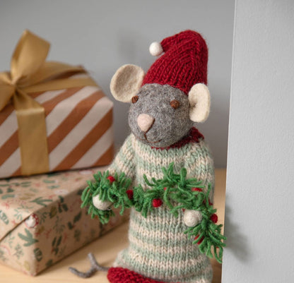 Weihnachtsfigur Maus grau mit Girlande