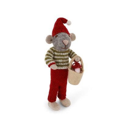 Filzfigur Maus grau groß mit Pilz im Eimer